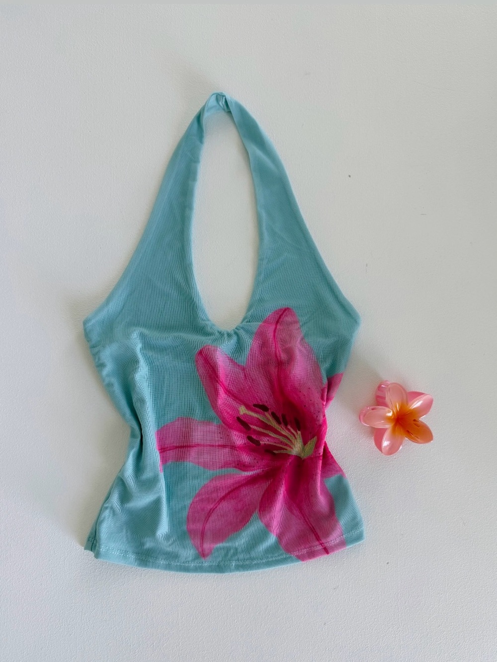 Pink Rose Aqua Halter Camisole with Pink Floral Print